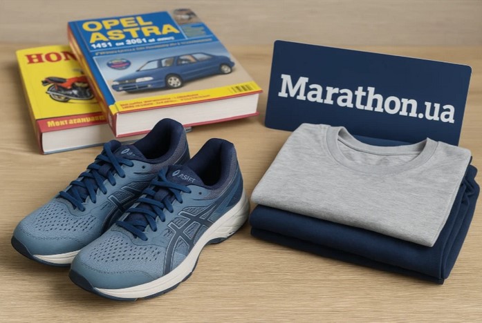 Кросівки Asics, складений спортивний одяг та книги з ремонту автомобілів і мотоциклів поруч з логотипом Marathon.ua на світлому фоні