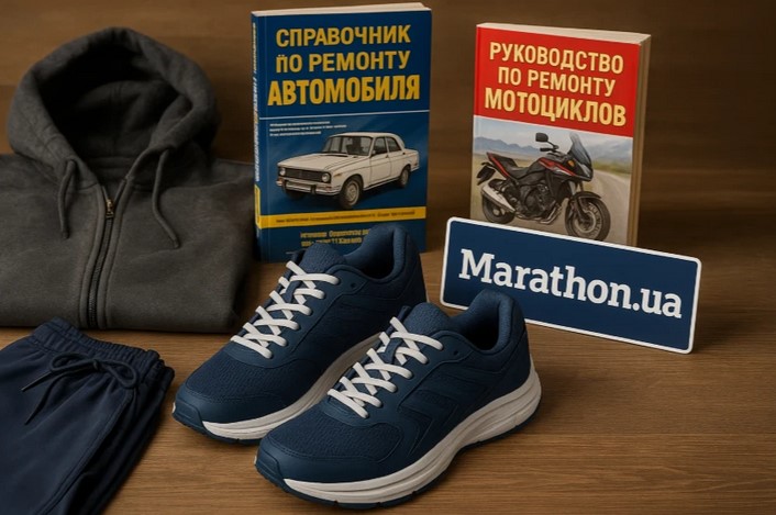 Кросівки, спортивний одяг та книжки з ремонту авто і мотоциклів поруч з логотипом Marathon.ua на дерев’яній поверхні