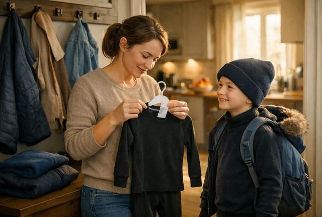 Мама перевіряє склад і розмір дитячої термобілизни перед школою