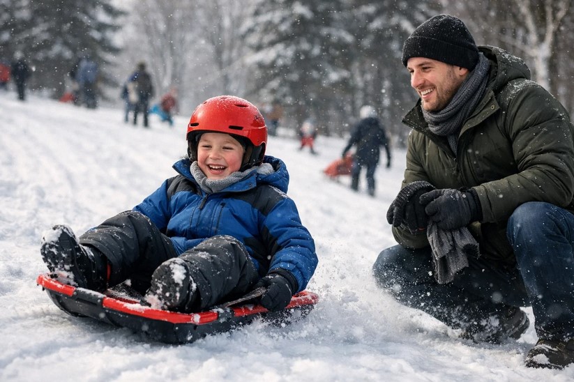 Дитина на зимовій гірці в комбінезоні, термошар видно на манжетах