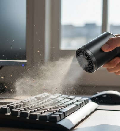 Турбо фен в процессе чистки клавиатуры от пыли